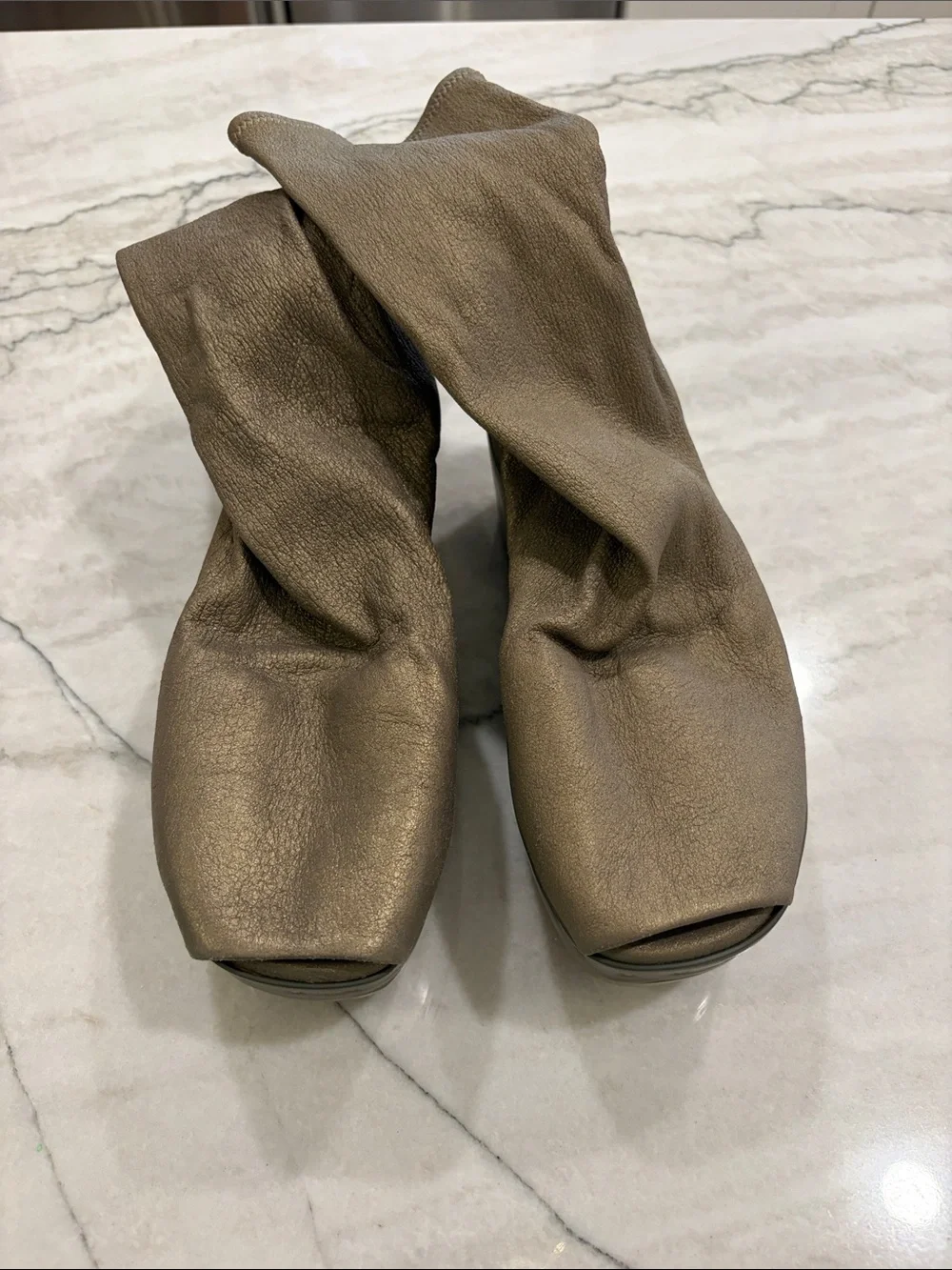Rick Owens Taupe Sock Platform Wedge Boots with Brass Platform SZ 37